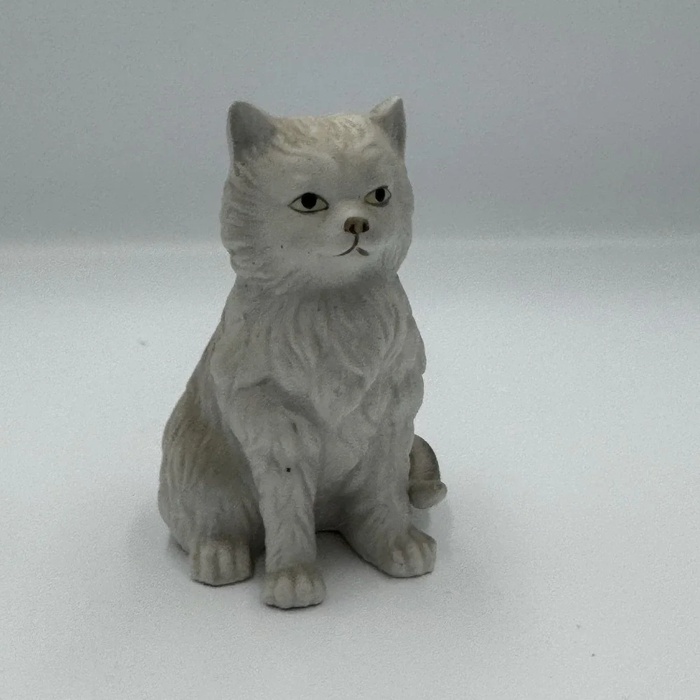 Vintage Cat Figure Ceramic White Black Tail‎